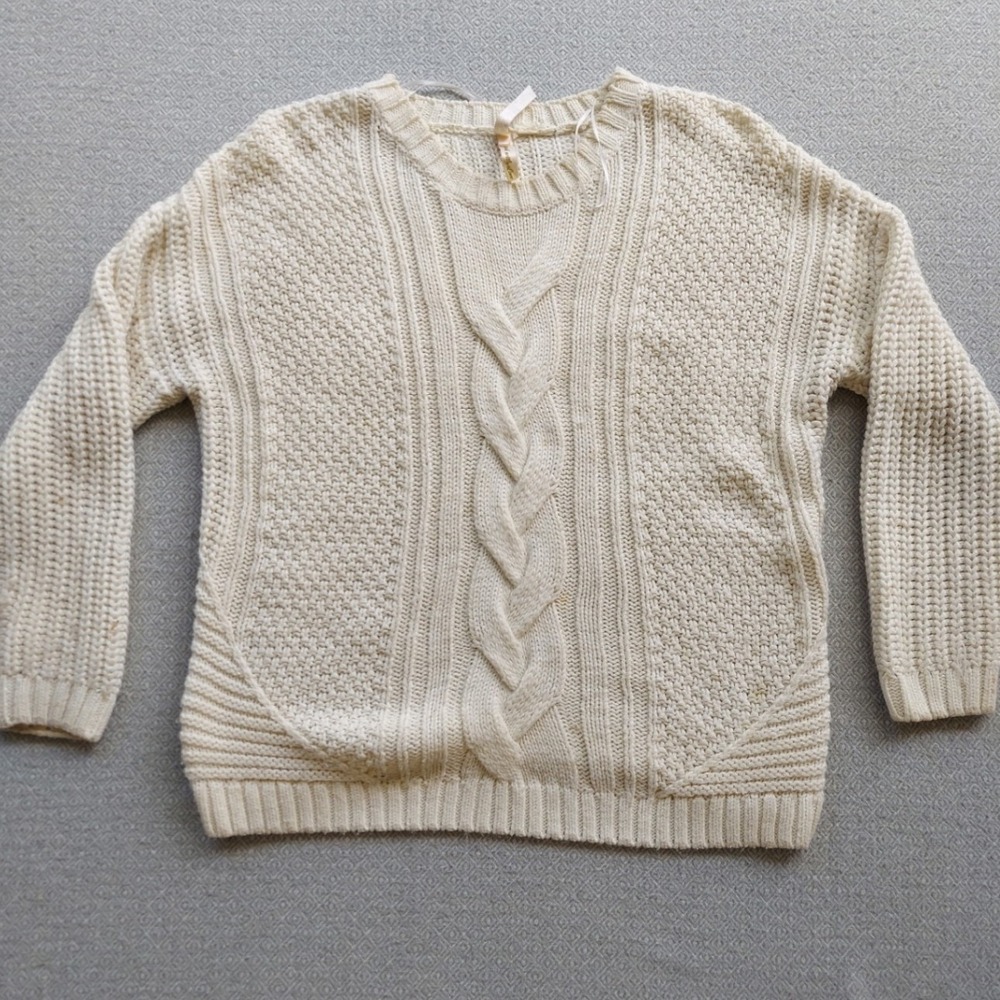 Ashley Sweater Womens Small Cream Cable Knit Pullover Mixed Stitch Crew Neck